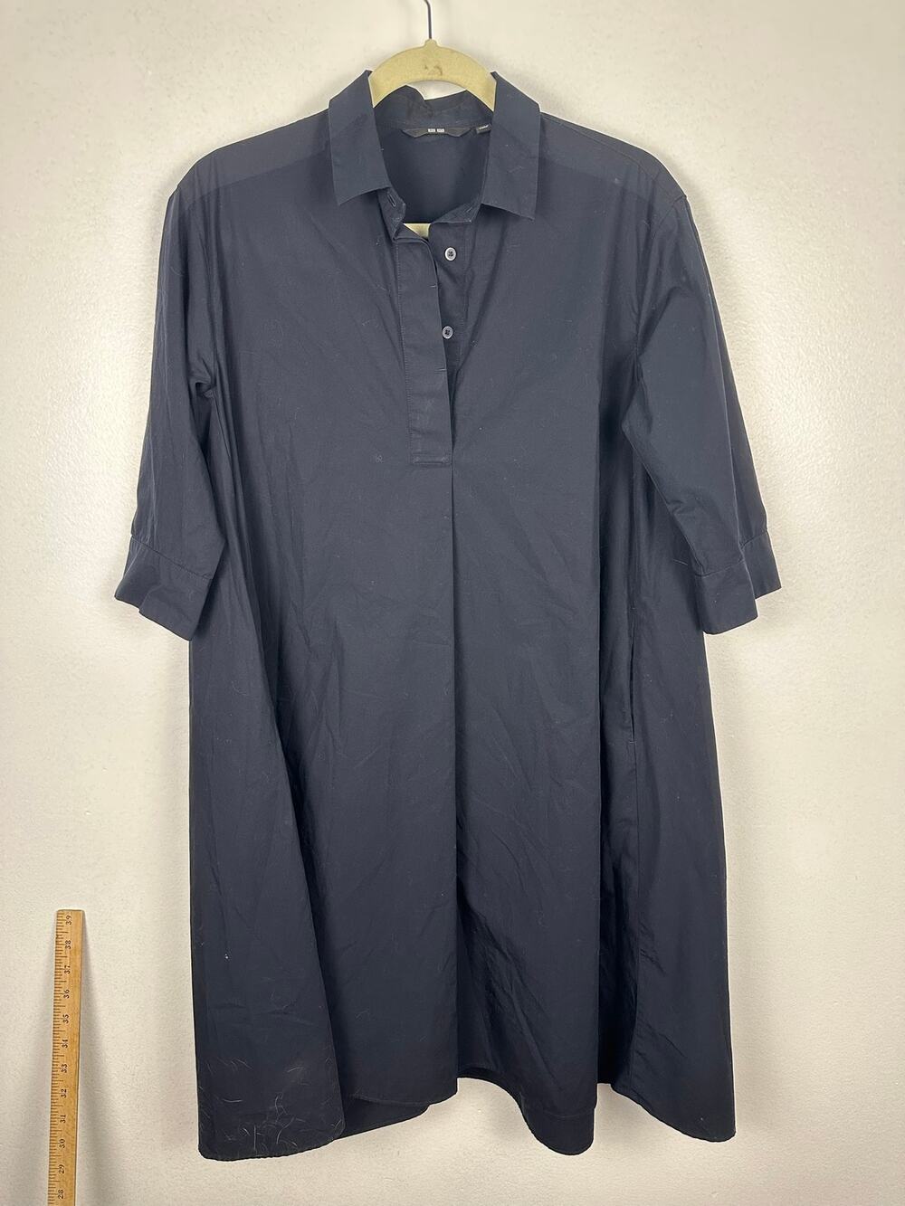 UNIQLO Women's Extra Fine Cotton A-Line 3/4-Sleeve Shirt Dress navy blue XS
